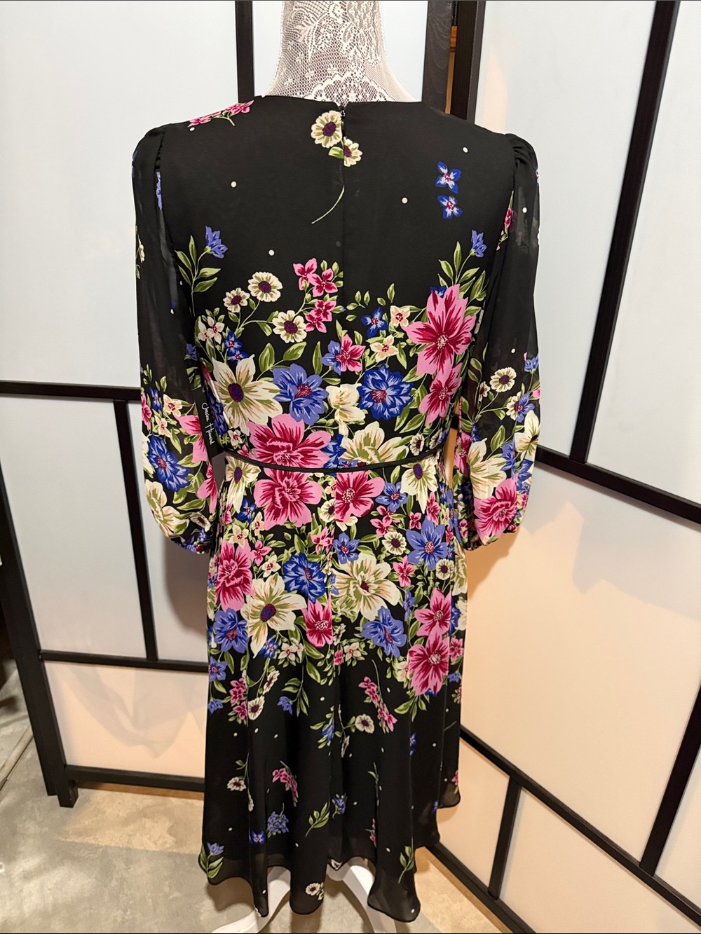 Jessica Howard Black Floral Midi Dress with Pink & Blue Flowers - Picture 3 of 5